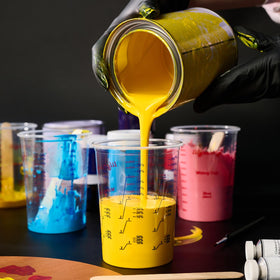 Lilymicky cups show OZ/ML markings and ratio guides for easy measuring