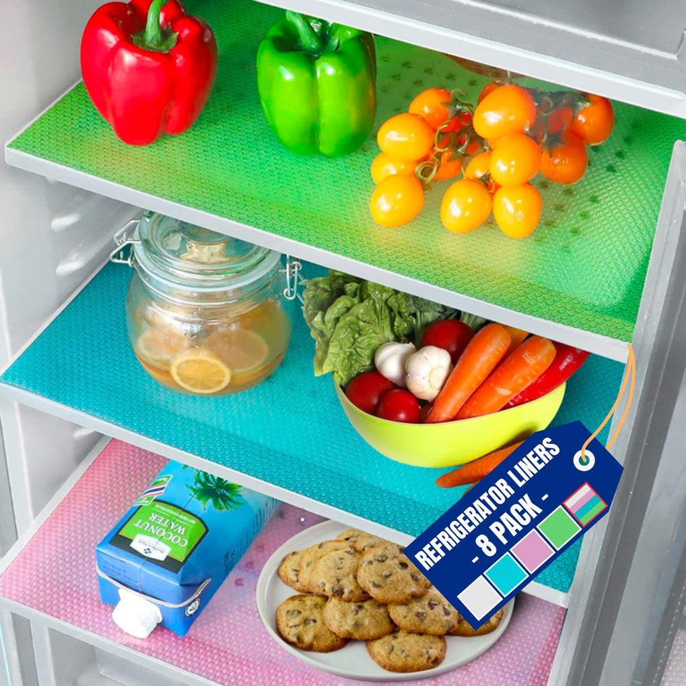 Linda's Essentials fridge liner 8-pack packaging for easy organization