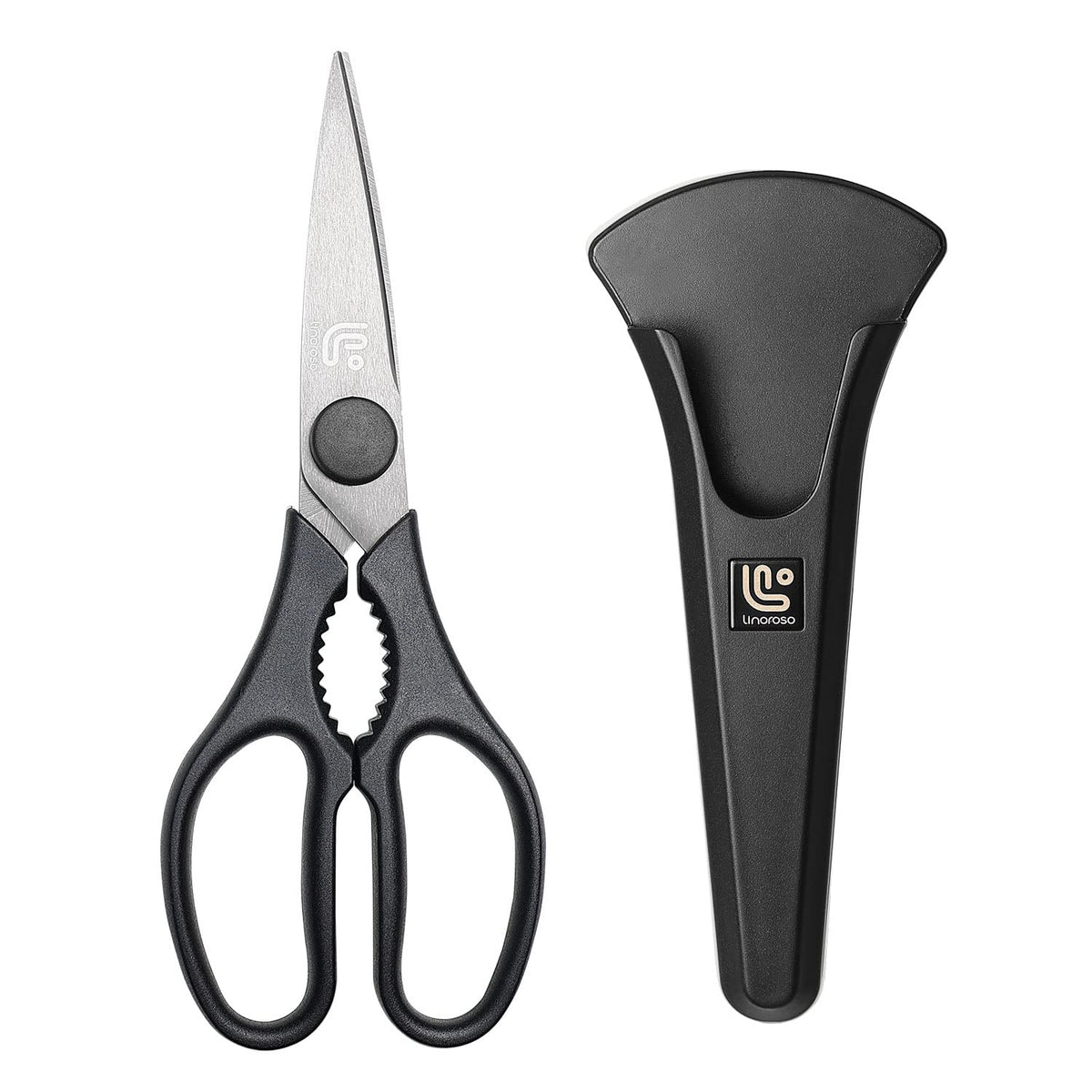 Linoroso kitchen shears with magnetic holder on fridge for quick access.