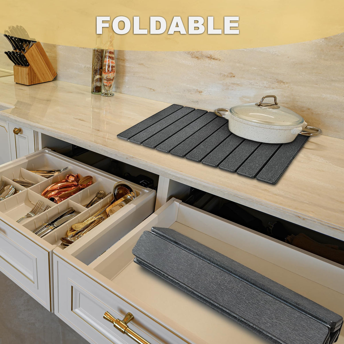 LiteTool Stone Drying Mat folded for compact kitchen storage