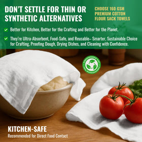 LITO Flour Sack Towels lint-free fabric safe for food prep surfaces.
