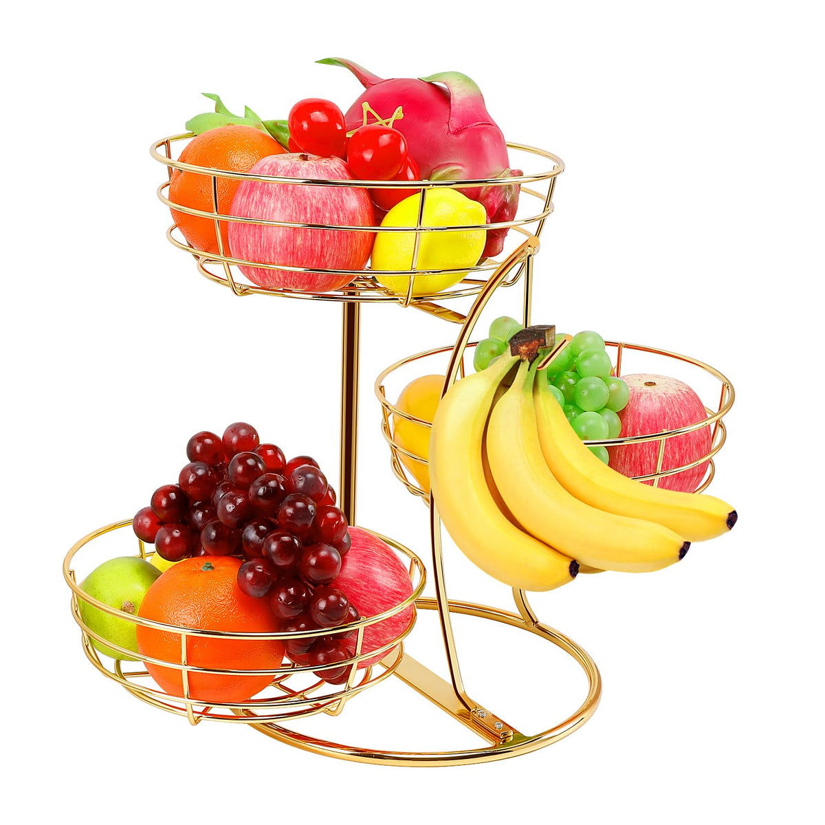 Livabber 3-tier fruit basket with banana hanger in gold shows organized produce on the counter