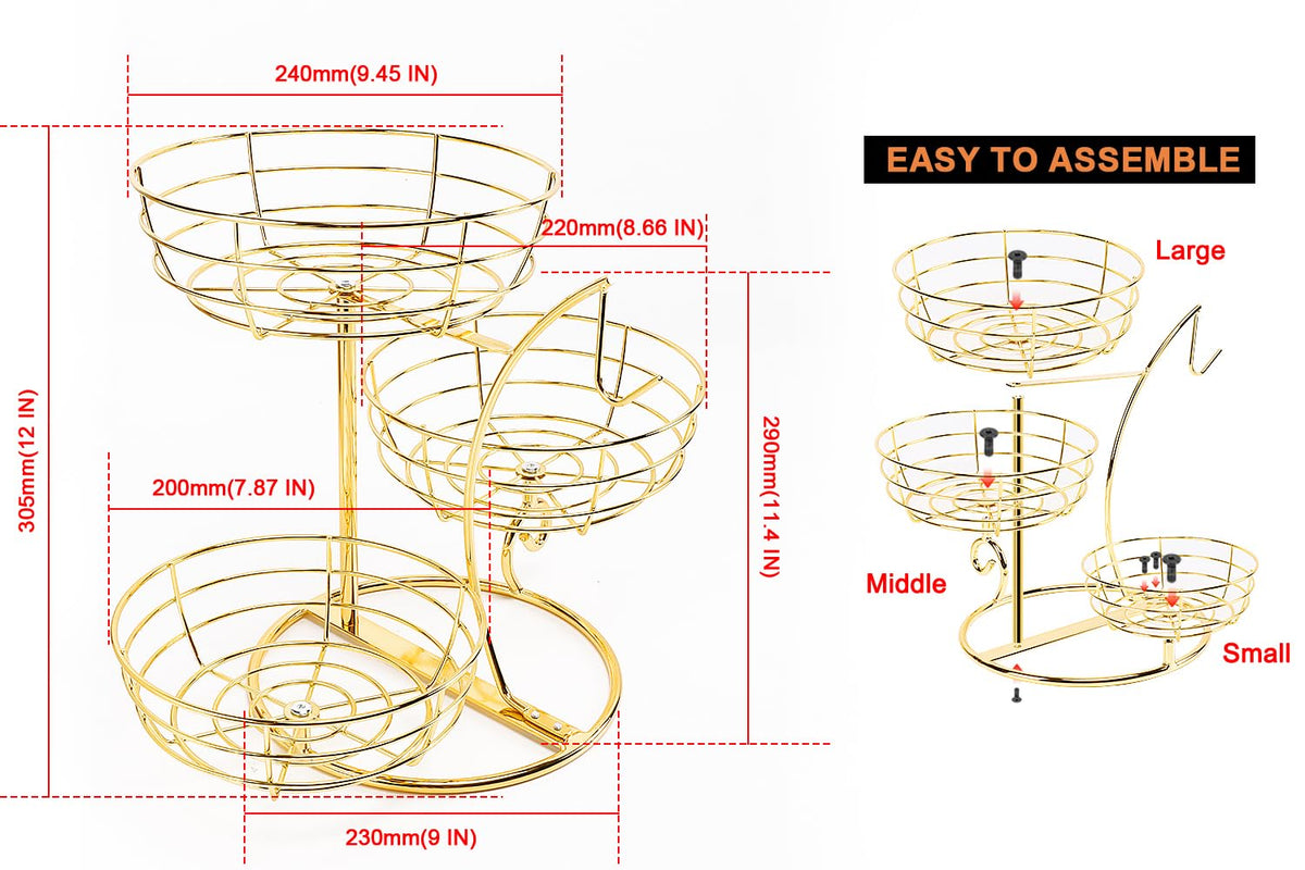 Side view of Livabber gold 3-tier fruit basket for compact storage