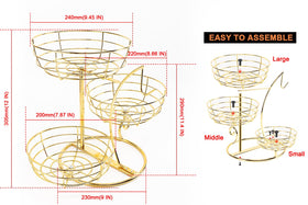 Side view of Livabber gold 3-tier fruit basket for compact storage