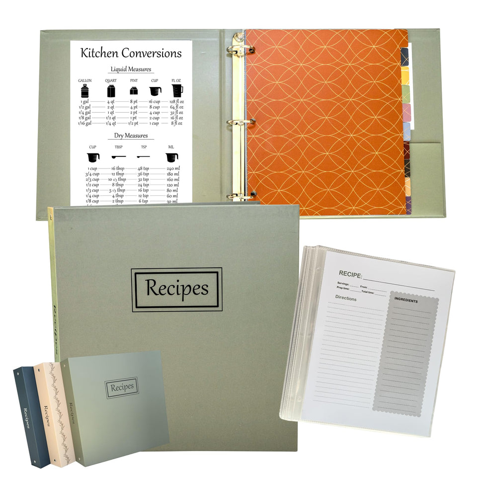 Liv'in Free sage green recipe binder cover offers durable, water-resistant storage.