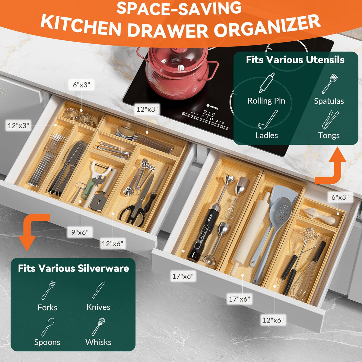 Lixple silverware tray layout in bamboo for forks, spoons, and knives