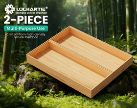 Lochantie bamboo makeup tray in a drawer keeps cosmetics orderly and easy to find.