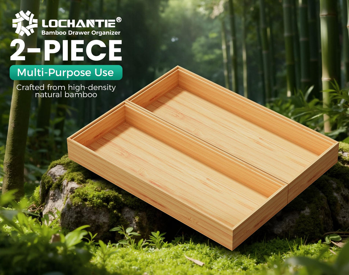 Lochantie wood silverware tray fits standard drawers for clutter-free organization.