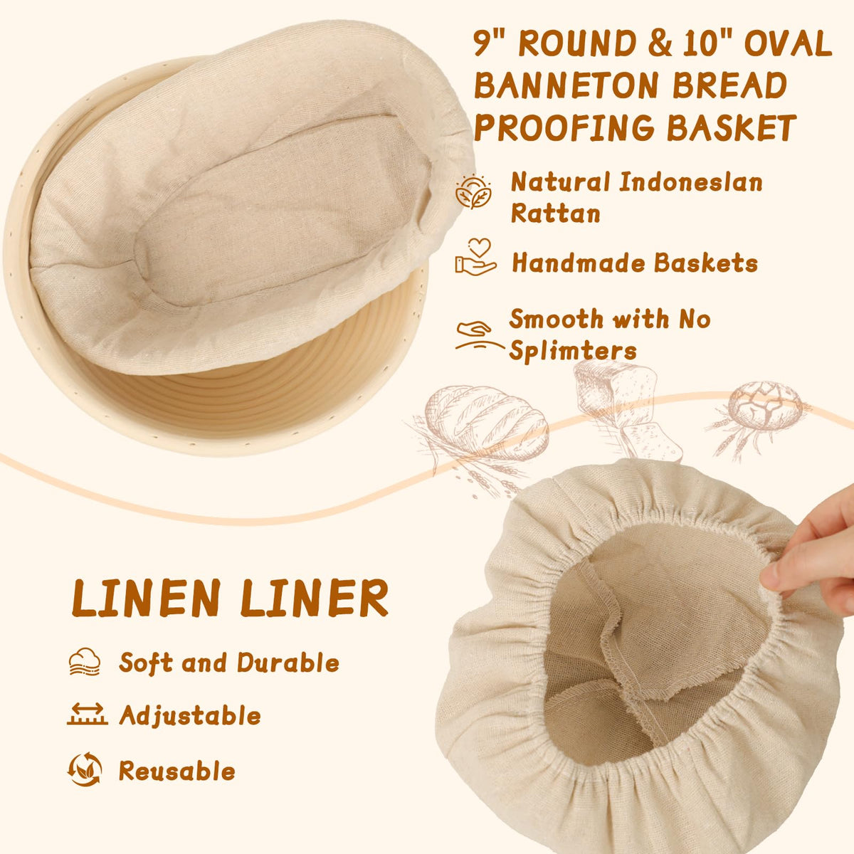 lockincar oval banneton 10-inch with linen liner for signature patterns.