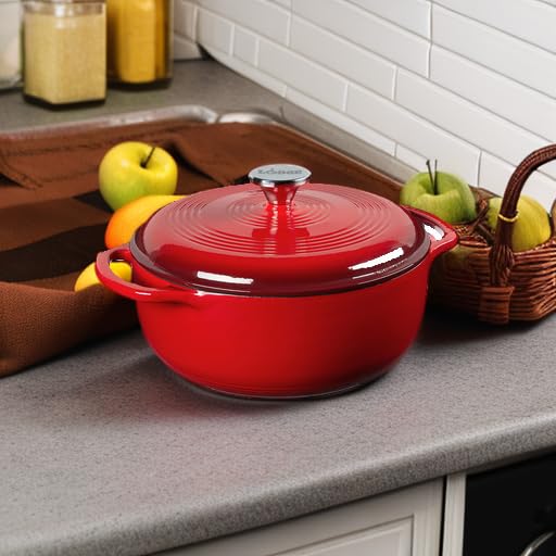 Lodge dutch oven interior view in Island Spice Red enamel for even heating and easy cleaning.