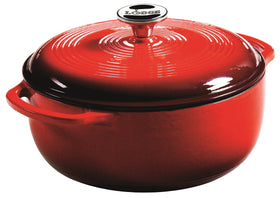 Lodge 4.5-quart dutch oven with lid in Island Spice Red, perfect for braising and serving.