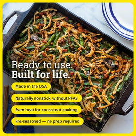 Lodge Cast Iron Casserole Pan even heating delivers bakery-quality browning at home.