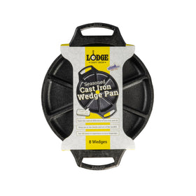 Lodge cast iron wedge pan showing 8-impression design for individual servings.
