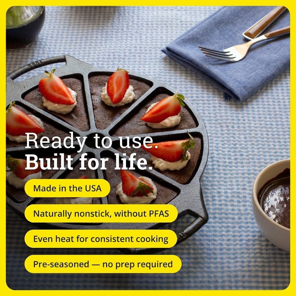 Lodge cast iron wedge pan demonstrates edge-to-edge browning for bakery-style crusts.