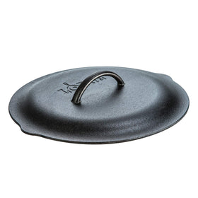 Lodge made-in-USA lid versatile for oven, stove, grill, or campfire cooking.