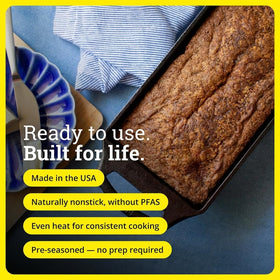Lodge Seasoned Cast Iron Loaf Pan even browning shot emphasizes edge-to-center crust