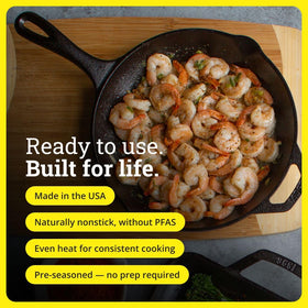 Lodge skillet with eggs sliding smoothly, showcasing natural non-stick surface.