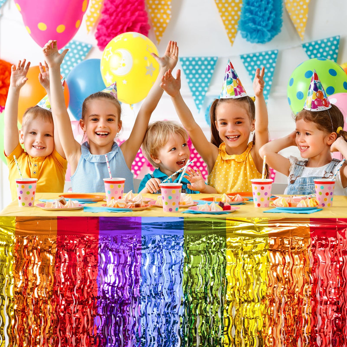 LOLStar rainbow table skirt yellow-green shimmer enhances weddings and showers.