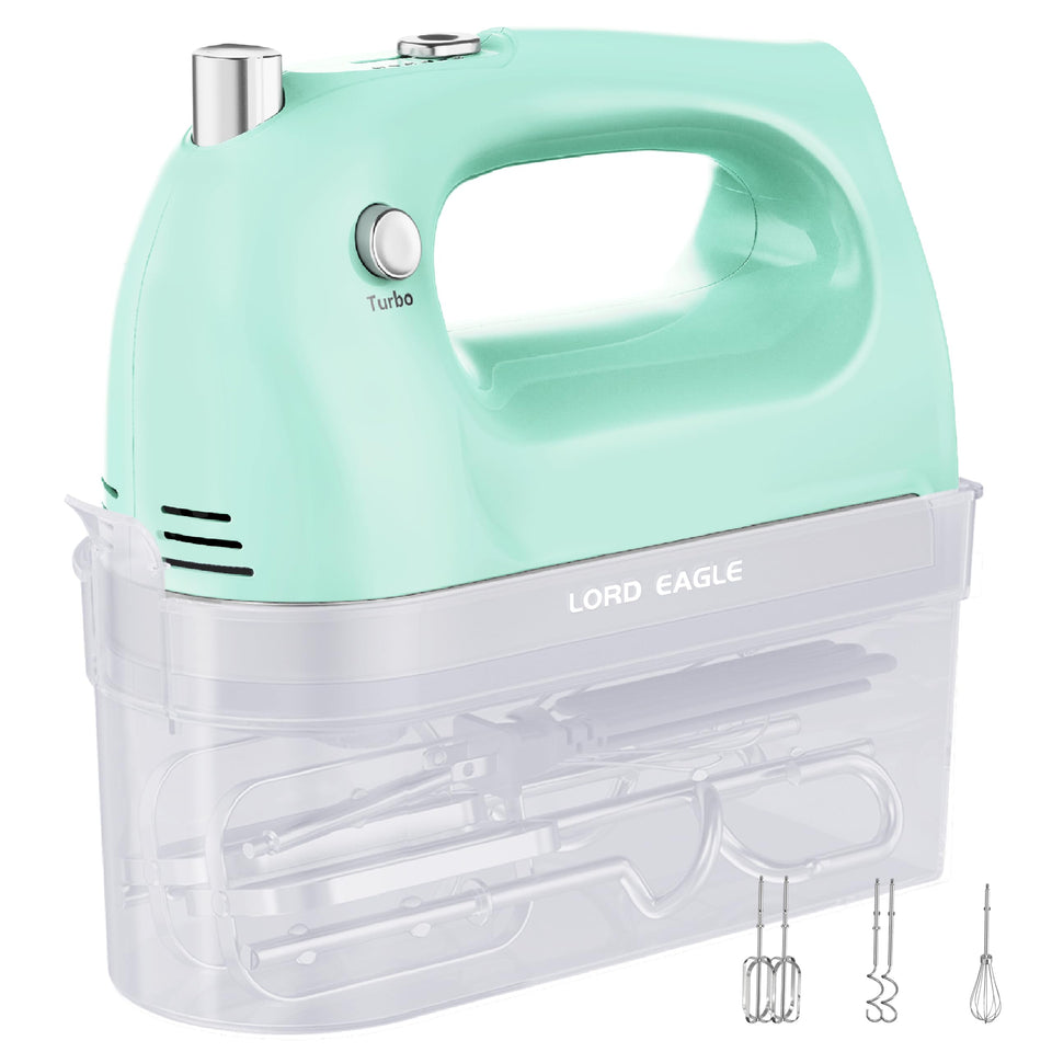 Lord Eagle hand mixer with storage case keeps attachments neatly organized for quick baking setup.
