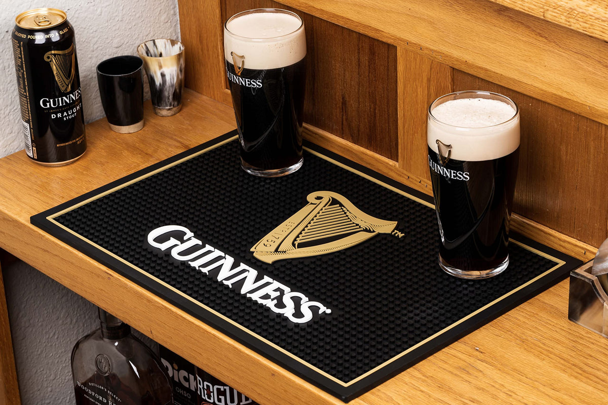 LORD'S ROCKS Guinness bar mat measures 18 by 12 inches for ample spill protection.