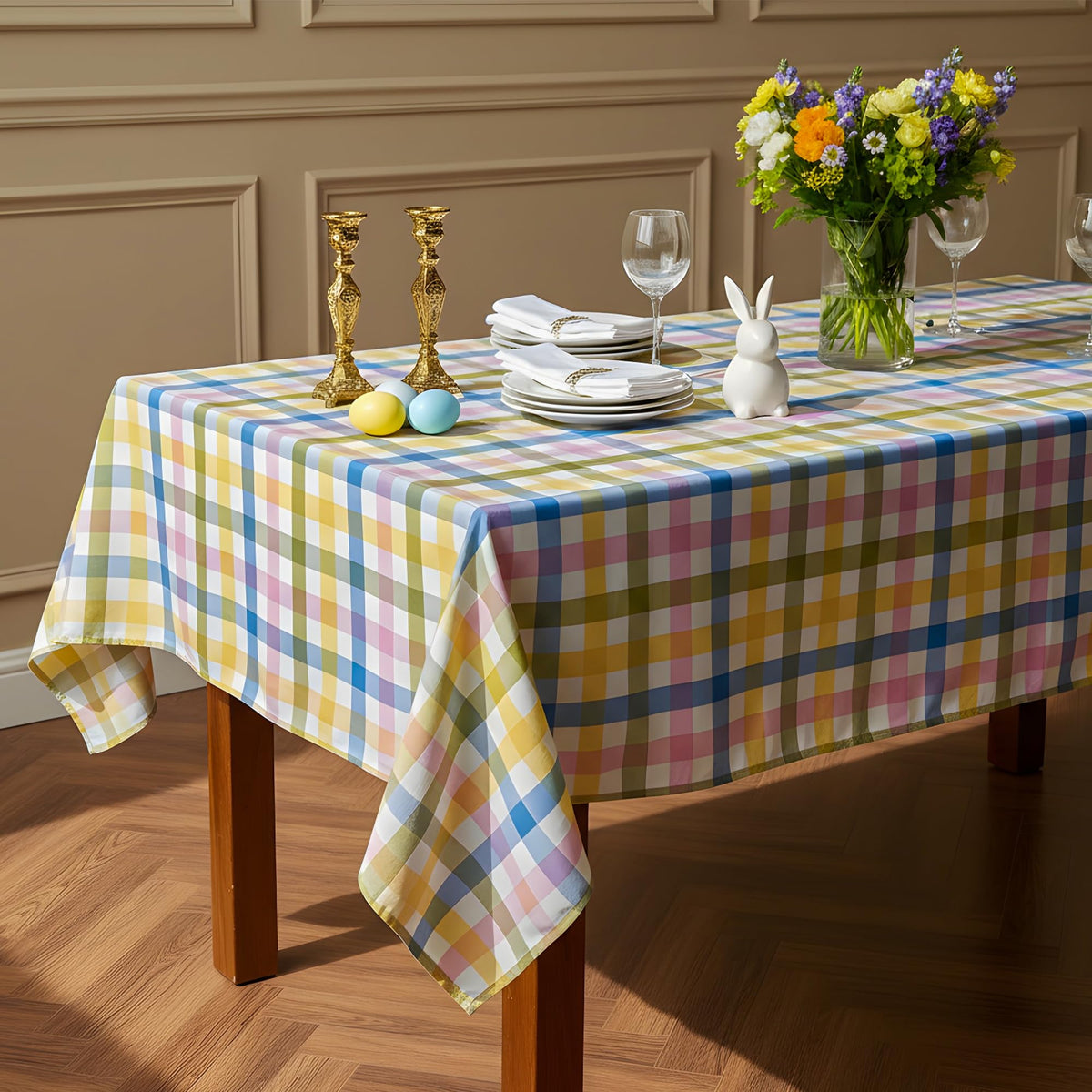 LOSIVISHE Easter tablecloth in pastel gingham for bright spring gatherings.