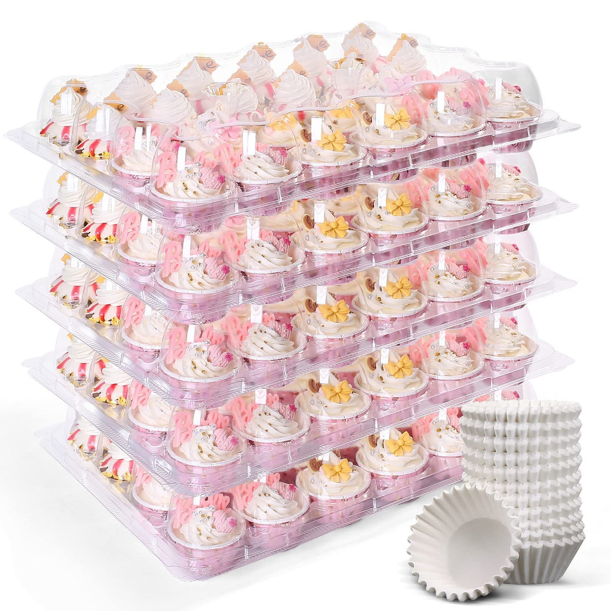 LotFancy mini cupcake containers 24-count front view for easy transport and display.