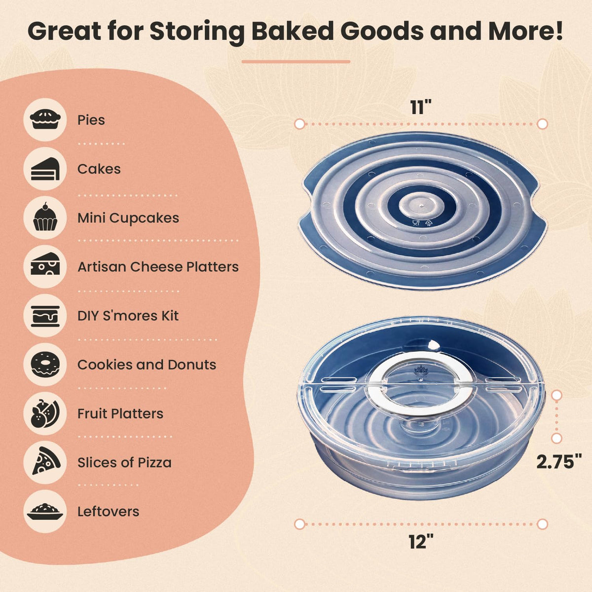 12-inch capacity covers large desserts and savory slices neatly.