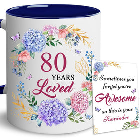 LOTWATEGO 80th birthday mug front view with navy accents for daily rituals
