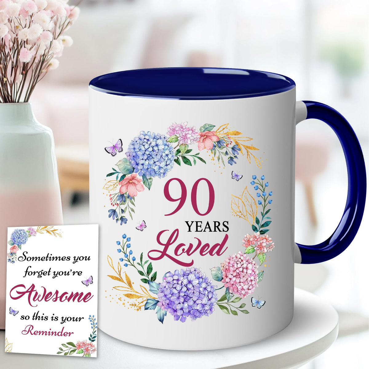 LOTWATEGO 90th birthday mug double sided pattern visible from both sides