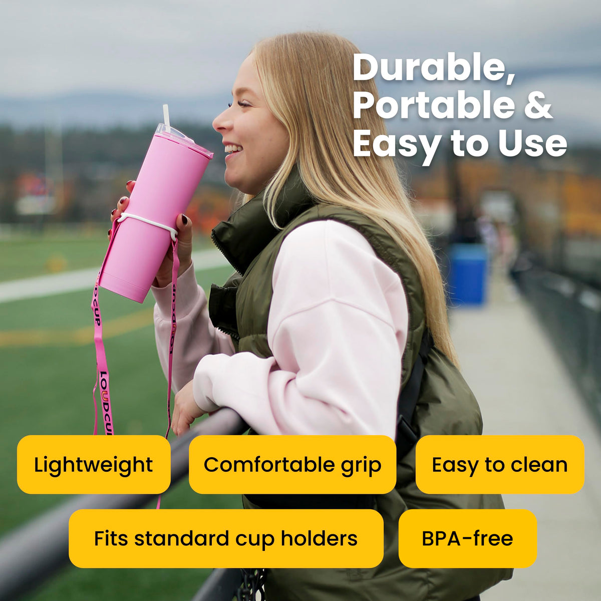 LoudCup BPA-free material ensures safe, reusable hydration on game day.