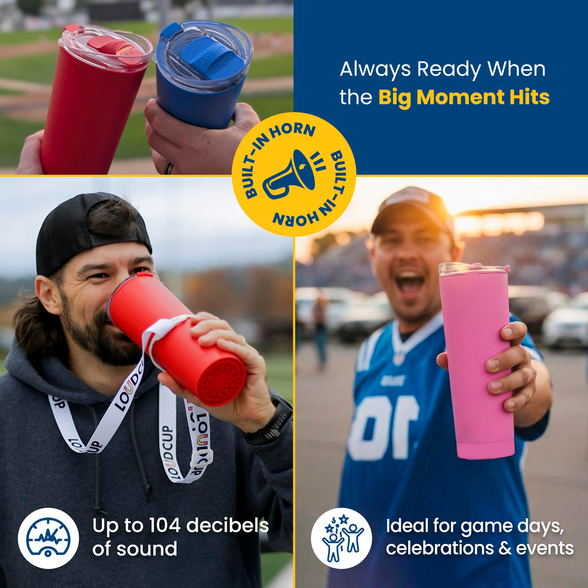 LoudCup tailgate-party-setup shows portable, reusable hydration with built-in horn