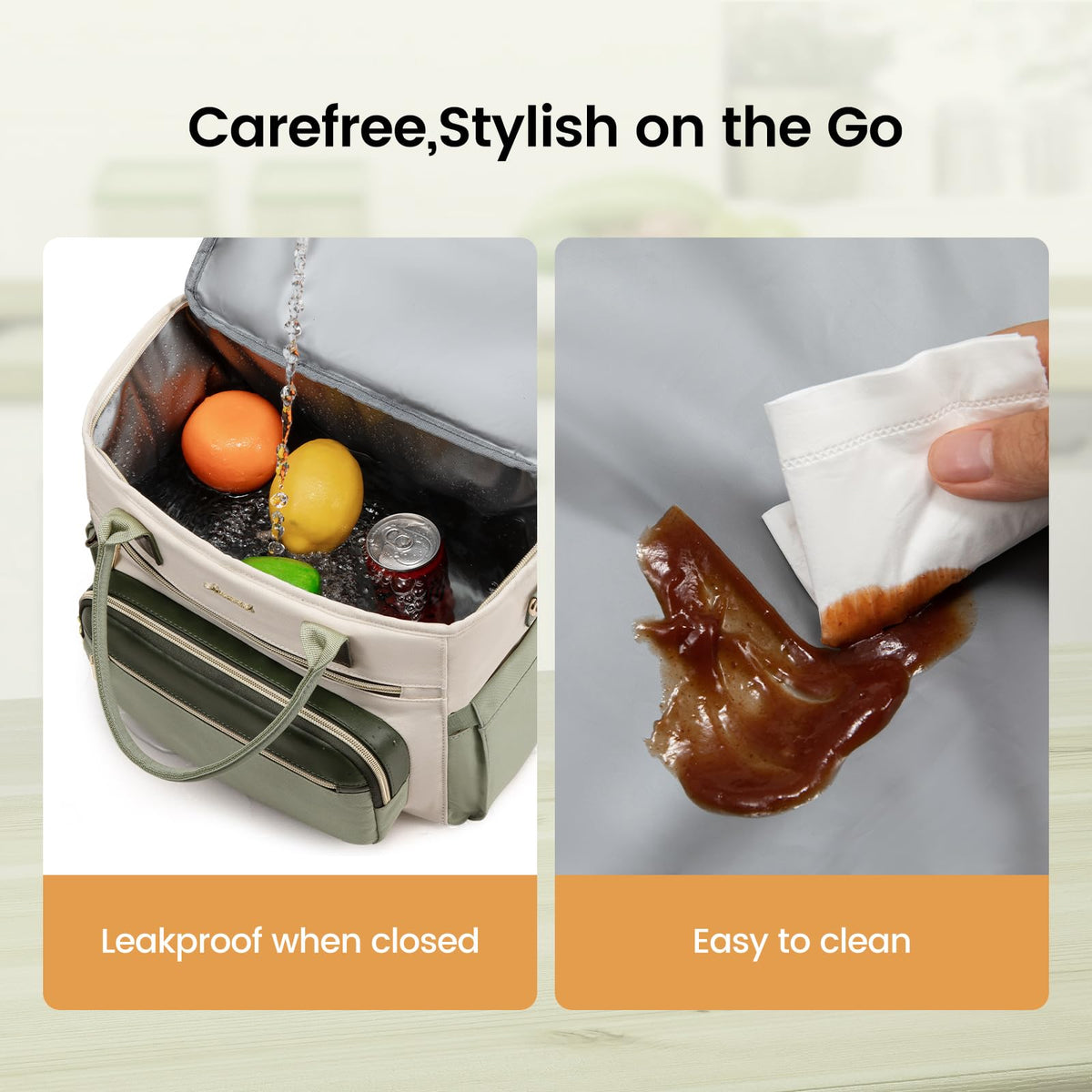 LOVEVOOK insulated lunch bag front pockets help organize utensils and devices.