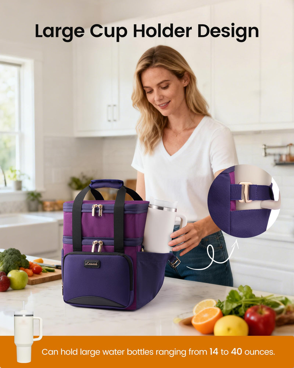 LOVEVOOK lunch bag features a large cup holder for easy hydration on the move.