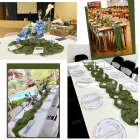 Lumaycens backdrop draping with gauze runner for airy photo backdrops.