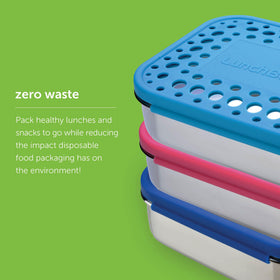 LunchBots Small Protein Packer stainless lid close-up emphasizes durable dishwasher-safe design