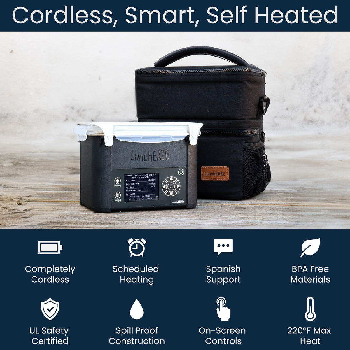 LunchEAZE Pro cordless lunchbox demonstrates convenient reheating anywhere.