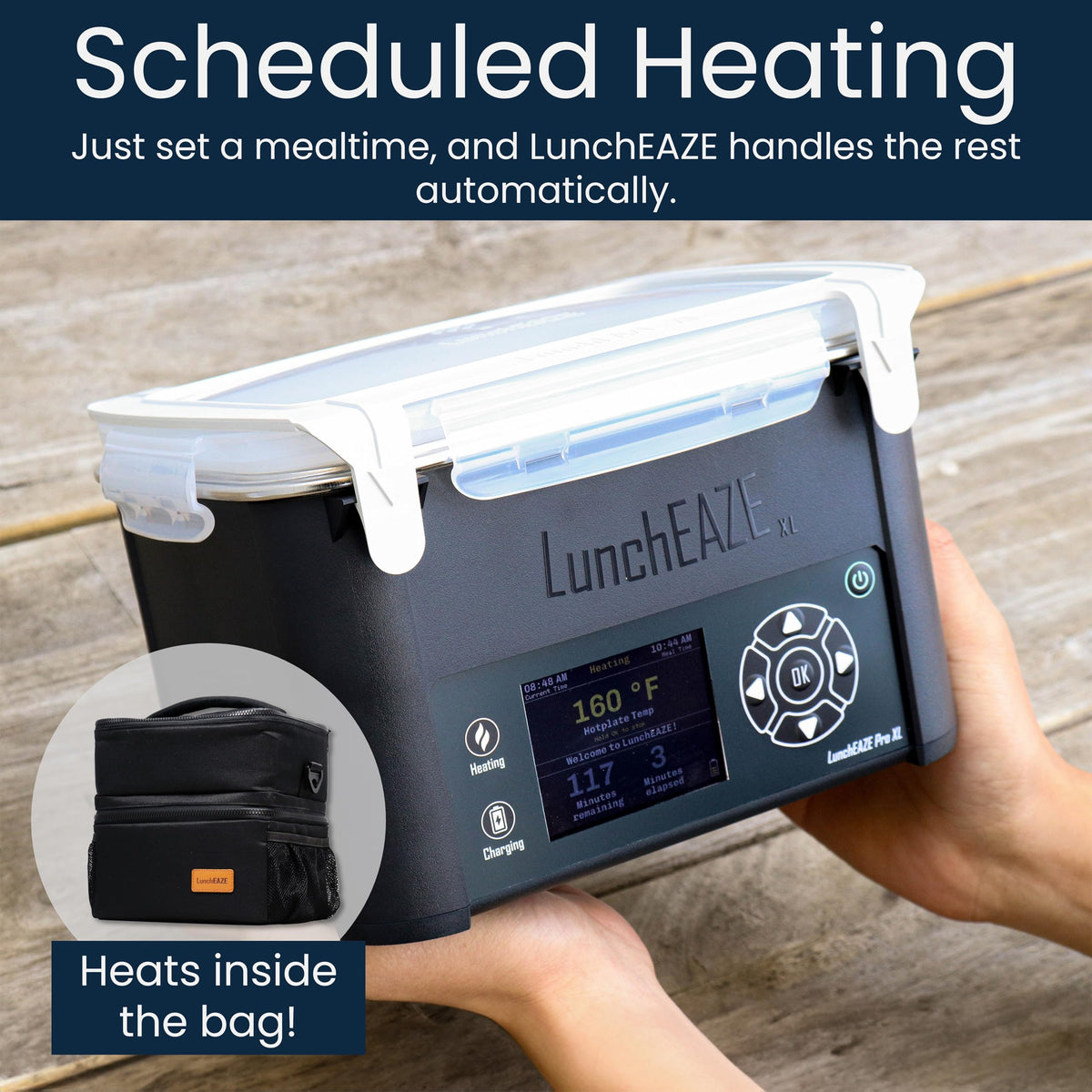 LunchEAZE XL removable stainless steel container for easy cleaning and reheating.