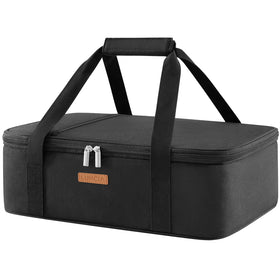 LUNCIA insulated casserole carrier front view showing roomy hold for 9x13 dishes at potlucks.