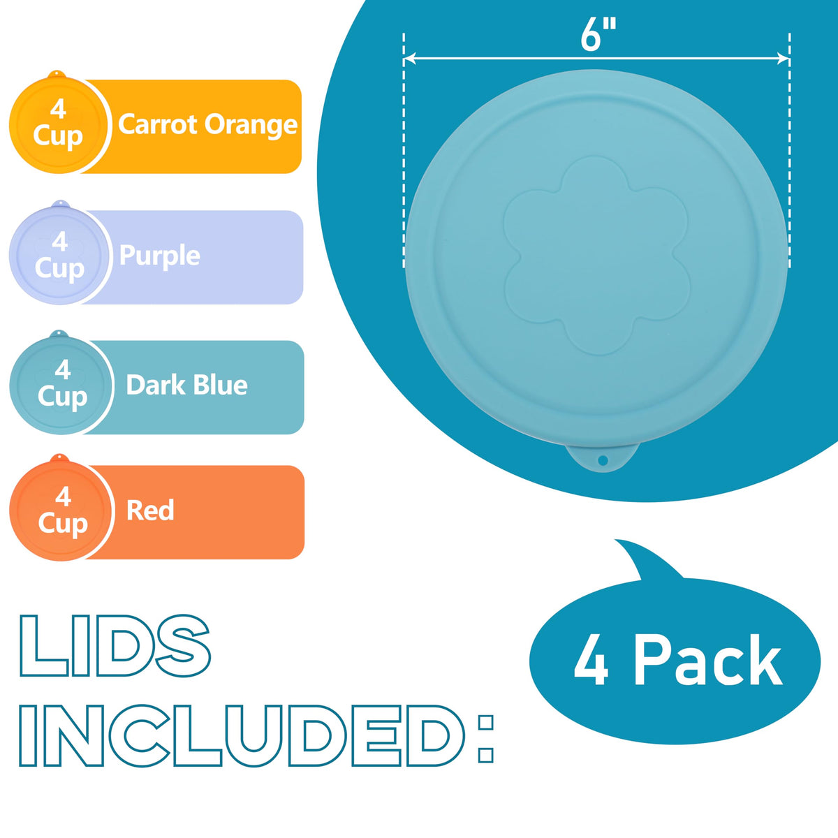 LUVCOSY four-pack silicone lids in vibrant colors for organization.