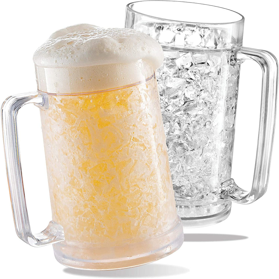 Luxail freezer mug front view highlights a frosty 16oz glass for icy cold beer