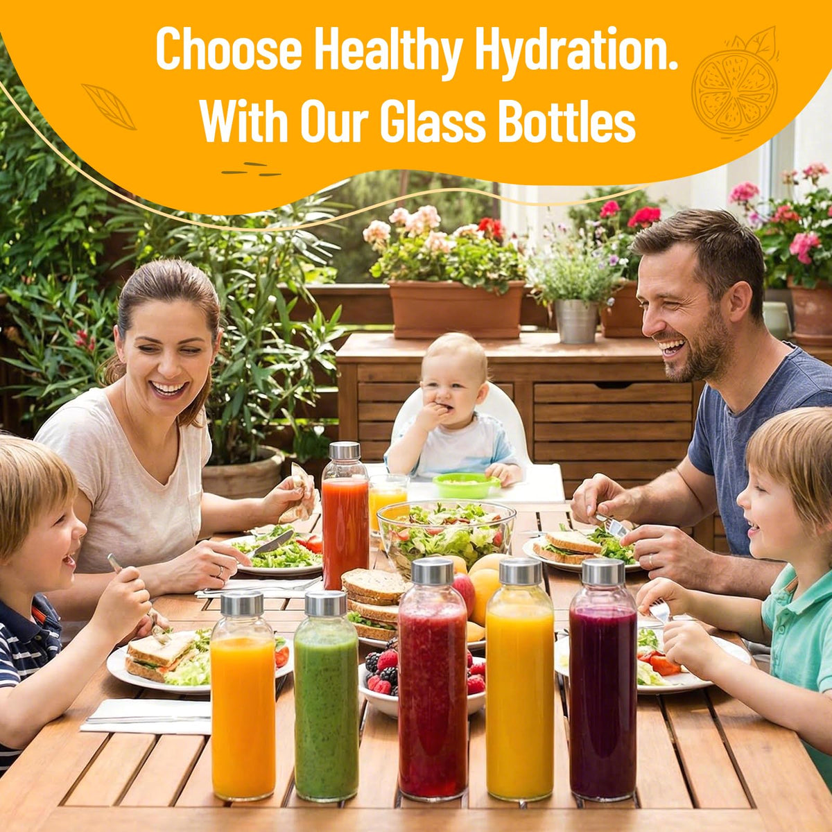 Luxfuel fridge-ready bottle set with lids for easy storage.