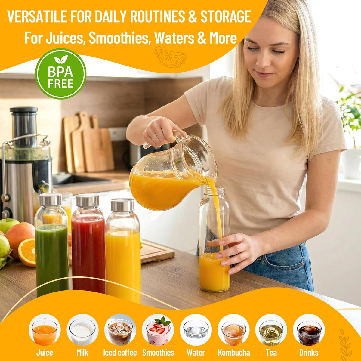 Luxfuel juice bottle in clear glass preserves flavors for juices and smoothies