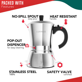 LuxHaus Moka Pot with upgraded metal hinge for durability