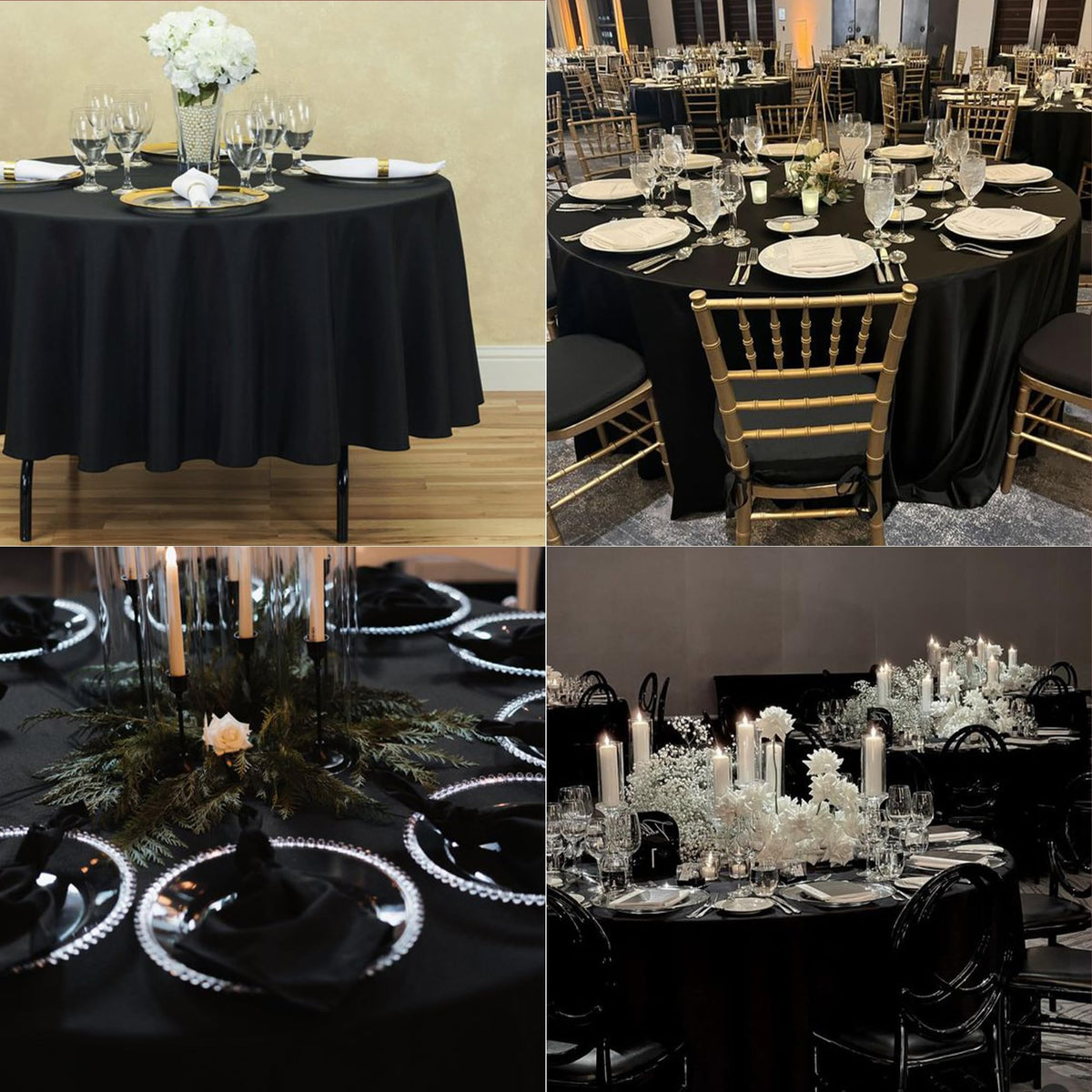 Lxztayuk black tablecloth creates a polished dining ambiance.