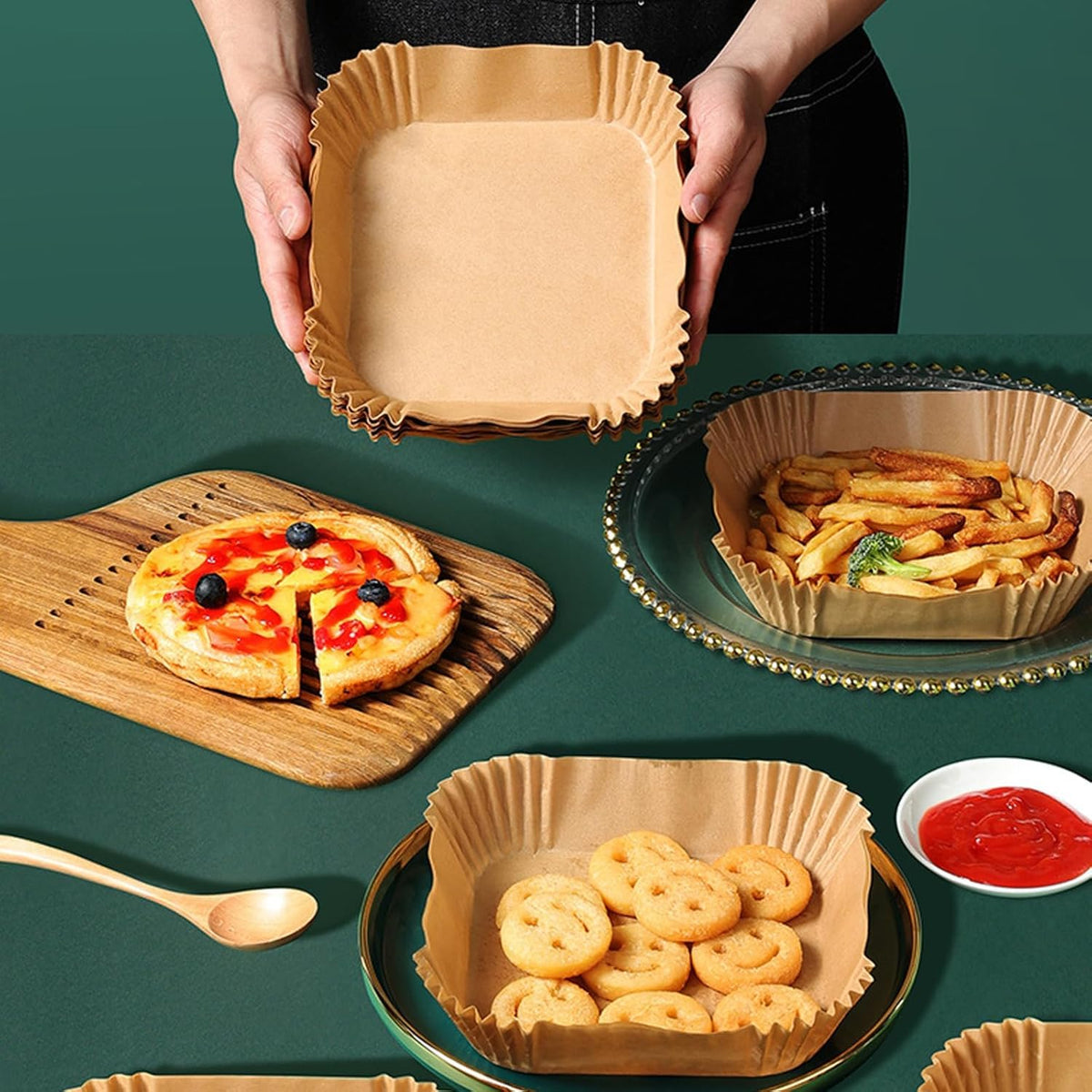 LYHOLKEER liners placed in a fryer basket for easy food release