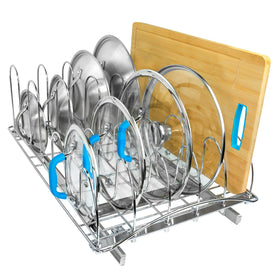 LYNK PROFESSIONAL pull-out lid organizer inside cabinet keeps lids accessible and organized.
