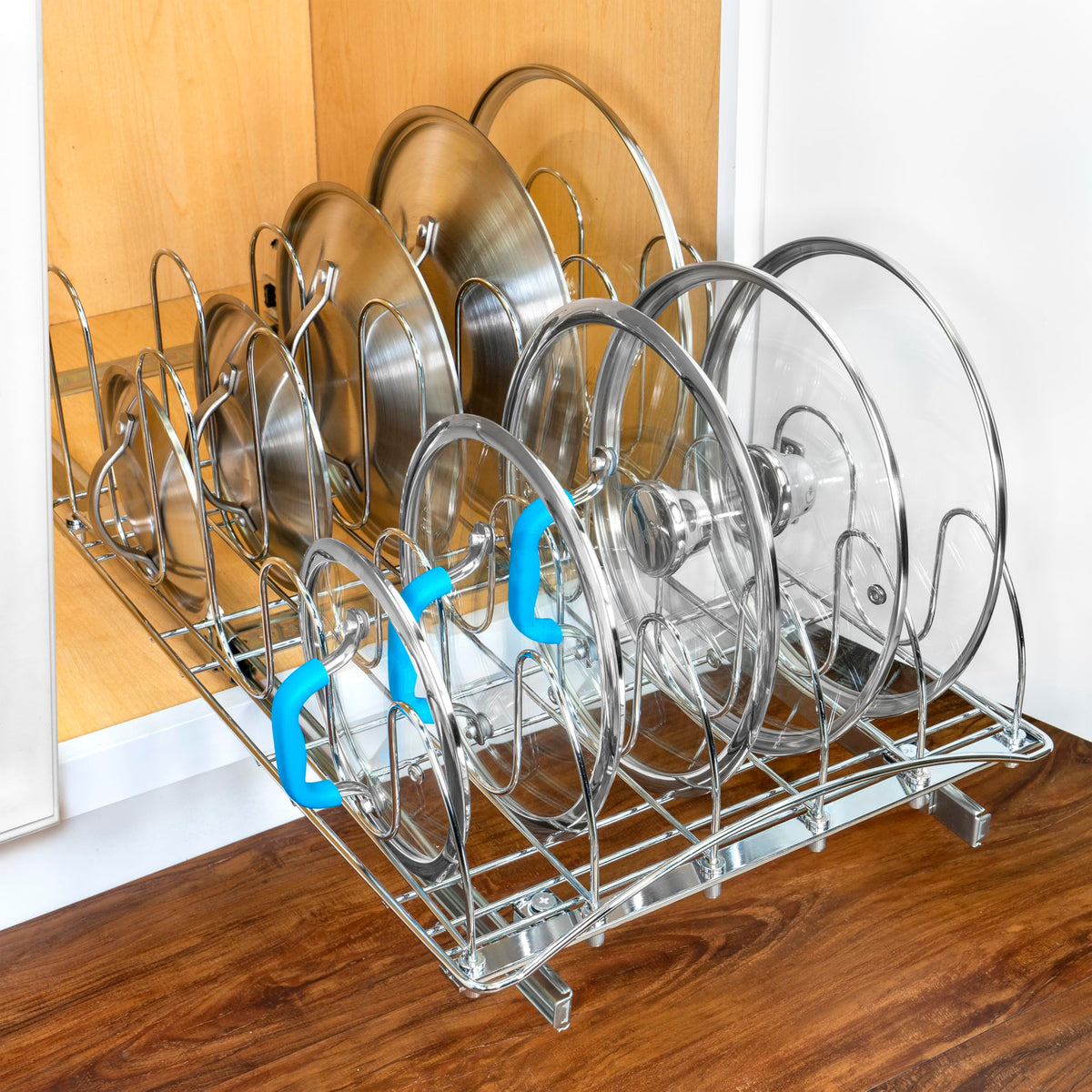 LYNK PROFESSIONAL sleek chrome unit transforms cabinets into organized spaces.