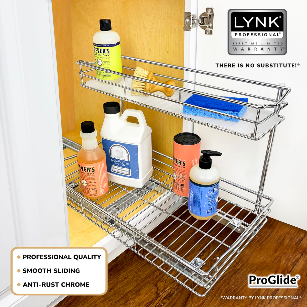 LYNK PROFESSIONAL two-tier slide-out shelves improve cabinet organization and cleanliness.