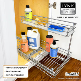 LYNK PROFESSIONAL two-tier slide-out shelves improve cabinet organization and cleanliness.