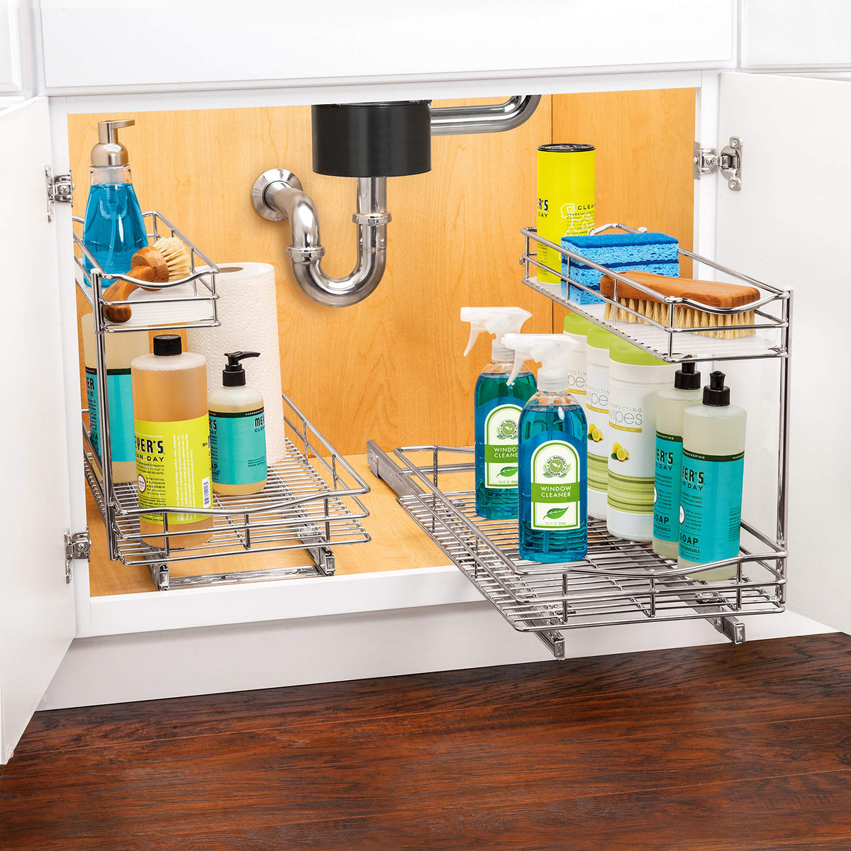 LYNK PROFESSIONAL under-sink storage solution keeps cleaning supplies organized.